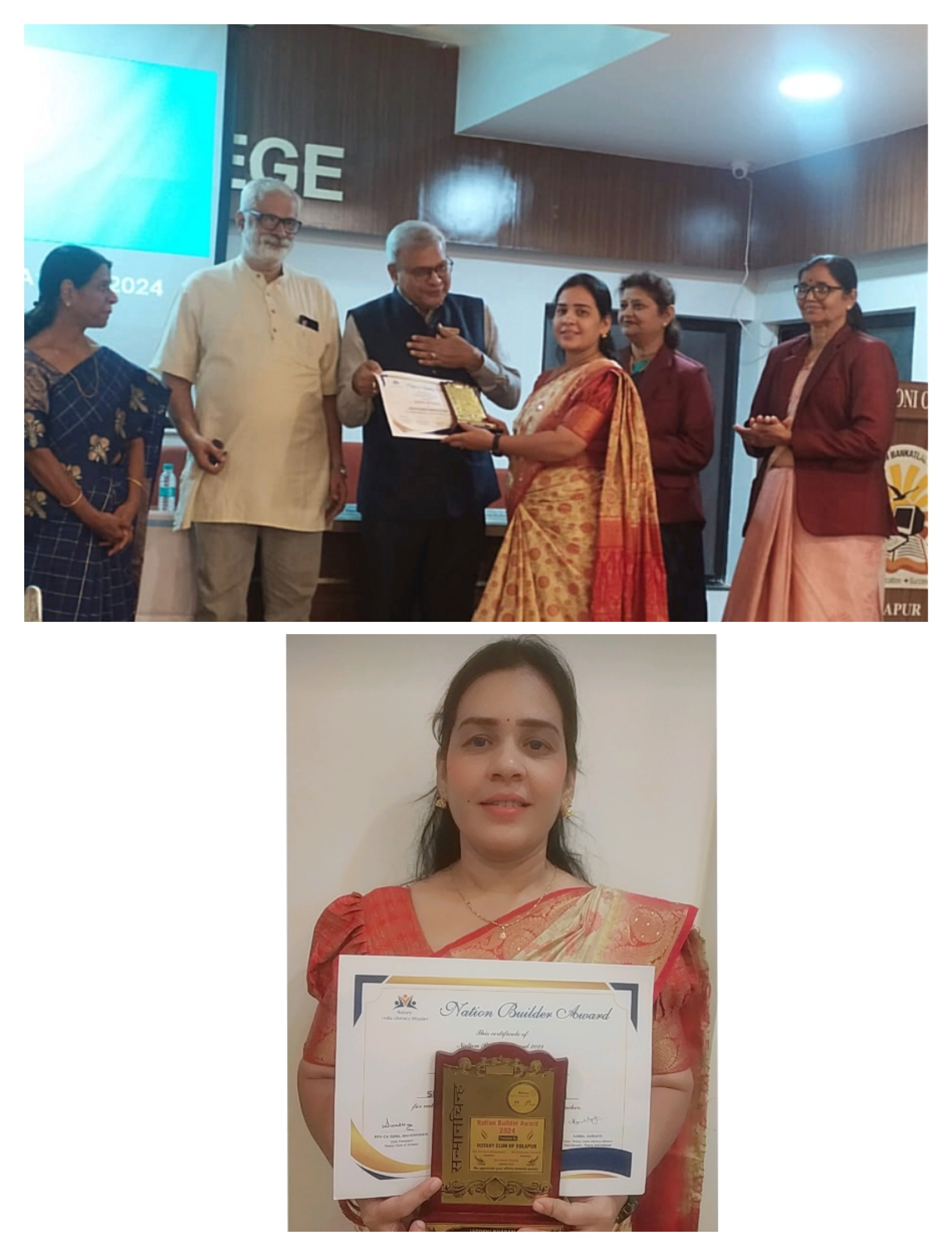 Mrs.Jagadevi Bharama got "Nation Builder Award" by Rotary club of Solapur, on 19.10.24